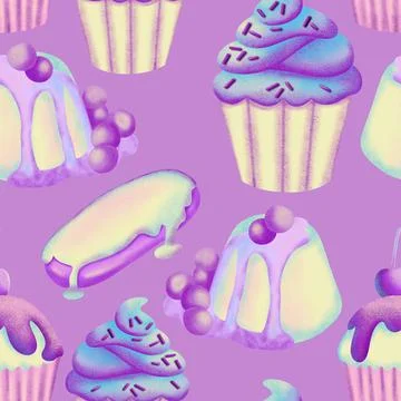 Hand drawn seamless pattern with pastel holographic dreamy dessert sweet food Stock Illustration