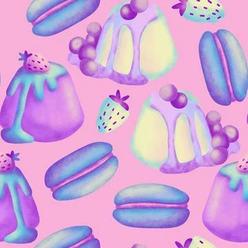 Hand drawn seamless pattern with pastel holographic dreamy dessert sweet food Stock Illustration