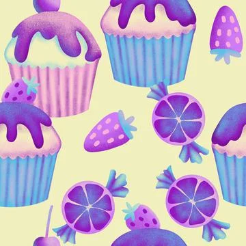 Hand drawn seamless pattern with pastel holographic dreamy dessert sweet food Stock Illustration