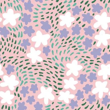 Hand drawn seamless pattern with pastel pink lilac flower floral elements, ditsy Stock Illustration
