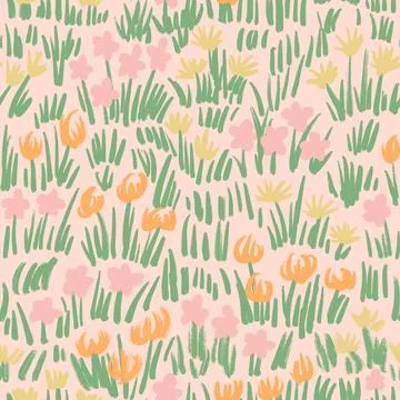 Hand drawn seamless pattern with pastel orange flower floral elements green Stock Illustration