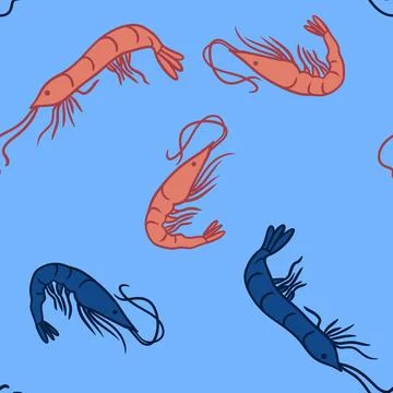 Hand drawn seamless pattern of peach orange and blue shrimps prawns on turquoise Stock Illustration