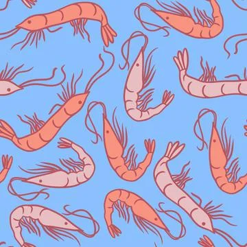 Hand drawn seamless pattern peach orange shrimps prawns on turquoise background Stock Illustration