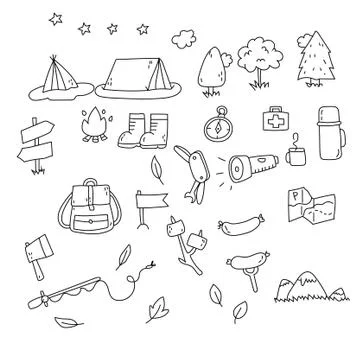 Hand drawn seamless pattern, picnic, travel and camping doodles. Stock Illustration