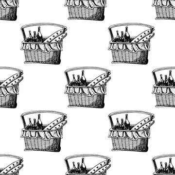 Hand drawn seamless pattern of Picnic Basket with Pastries and Bottles of Win Stock Illustration