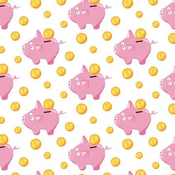 Hand-drawn seamless pattern with piggy bank Stock Illustration