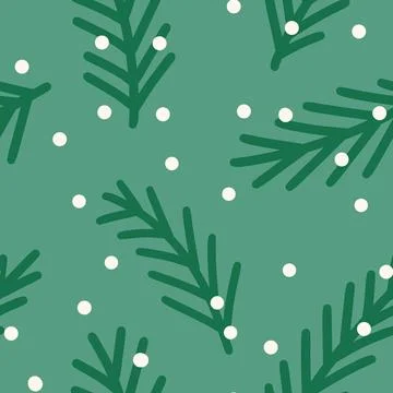 Hand drawn seamless pattern with pine conifer spruce branches twigs on green Illustrazione stock