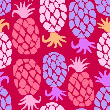Hand drawn seamless pattern pineapples. Trendy red pink blue 80s 90s fruit Stock Illustration