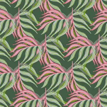 Hand drawn seamless pattern with pink and green palm leaf ornament. Doodle tr Illustrazione stock
