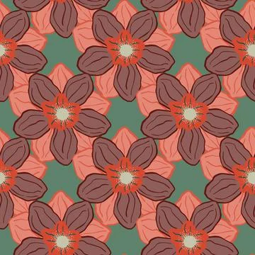 Hand drawn seamless pattern with pink anemone bud flower elements. Pale green Illustrazione stock