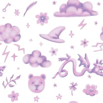 Hand drawn seamless pattern with pink and violet dragons and magical objects on Stock Illustration