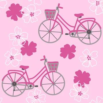 Hand drawn seamless pattern with pink bicycles on cherry sakura blossom flower Stock Illustration