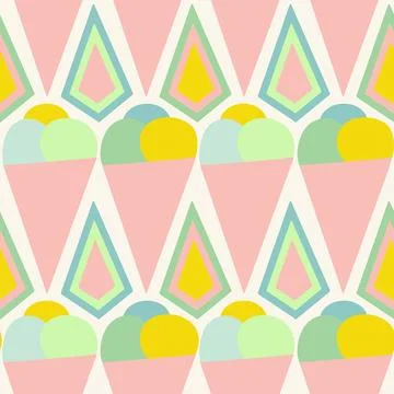Hand drawn seamless pattern of pink pastel ice cream cone in mid century style Stock Illustration
