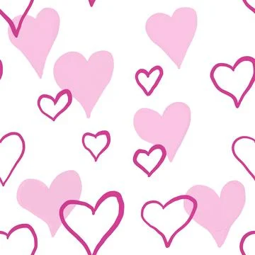 Hand drawn seamless pattern with pink st valentines day hearts love. Cute Stock Illustration