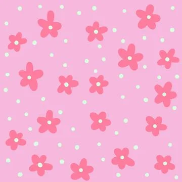 Hand drawn seamless pattern of pink sakura daisy flowers on polka dot background Illustrazione stock