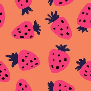 Hand drawn seamless pattern of pink strawberry berries on orange background Stock Illustration