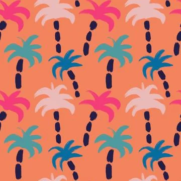 Hand drawn seamless pattern with pink blue palm trees on orange background Stock Illustration