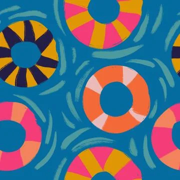 Hand drawn seamless pattern with pink yellow orange swimming rubber rings on Stock Illustration