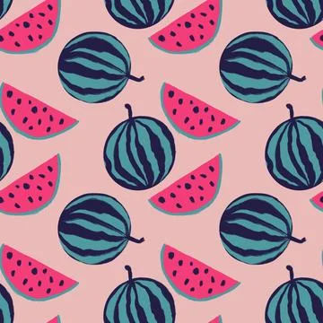 Hand drawn seamless pattern with pink blue watermelon fruit, colorful tropical Stock Illustration