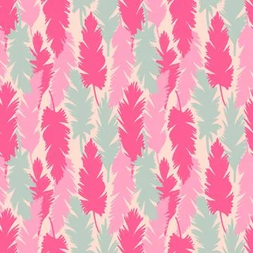 Hand drawn seamless pattern with pink palm leaves monstera leaf, beige baby girl Stock Illustration