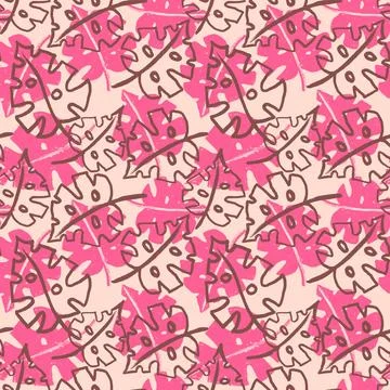 Hand drawn seamless pattern with pink palm leaves monstera leaf, beige baby girl Stock Illustration