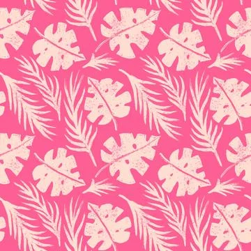Hand drawn seamless pattern with pink palm leaves monstera leaf, beige baby girl Stock Illustration