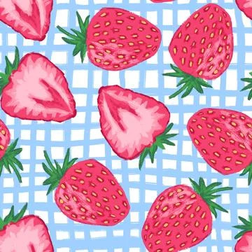 Hand drawn seamless pattern with pink strawberry on blue white tartan plaid Stock Illustration