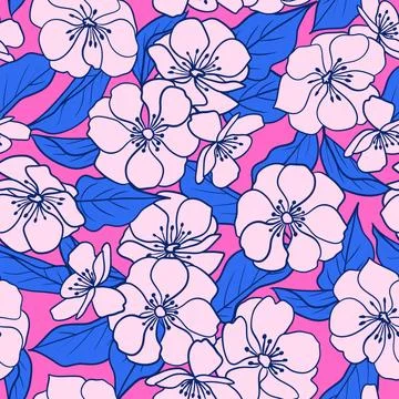 Hand drawn seamless pattern pink cherry pear blossom with blue leaves. Spring 스톡 일러스트