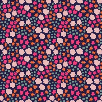 Hand drawn seamless pattern with pink turquoise flower floral elements, ditsy 스톡 일러스트