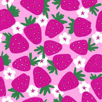 Hand drawn seamless pattern with pink strawberry with white flowers. Hot pink Stock Illustration