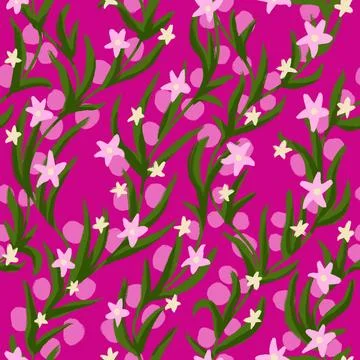 Hand drawn seamless pattern with pink green diagonal branches flower floral 스톡 일러스트