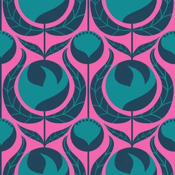 Hand drawn seamless pattern with pink blue scandi scandinavian flowers on navy Stock Illustration