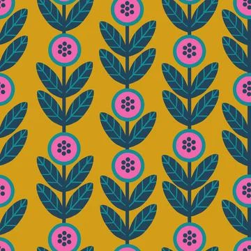 Hand drawn seamless pattern with pink blue scandi scandinavian flowers on yellow Stock Illustration