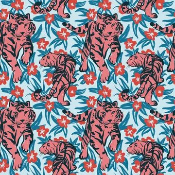 Hand drawn seamless pattern with pink tiger on blue jungle tropical background Stock Illustration