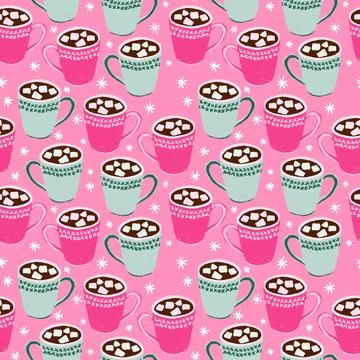 Hand drawn seamless pattern with pink green christmas cocoa hot chocolate Stock Illustration