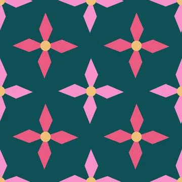 Hand drawn seamless pattern with pink scandi scandinavian flowers on emerald Stock Illustration