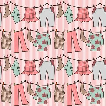 Hand drawn seamless pattern with pink pastel laundry clothesline hanging clothes Stock Illustration