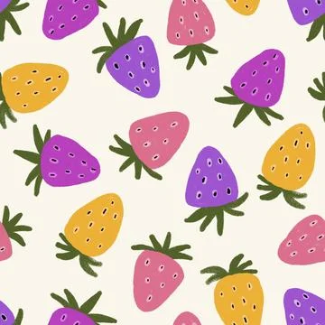 Hand drawn seamless pattern of pink yellow purple strawberry berries on beige Stock Illustration