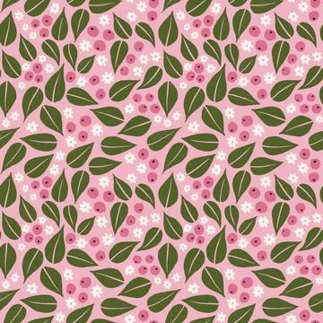 Hand drawn seamless pattern with pink berry berries green leaves. Colorful Stock Illustration