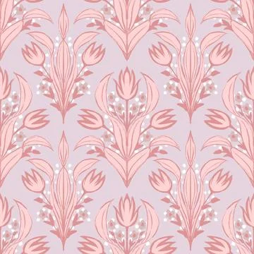 Hand drawn seamless pattern of pink pastel tulip flowers in victorian vintage Stock Illustration