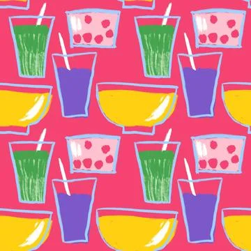 Hand drawn seamless pattern with plates bowls cups. Yellow purple green Stock Illustration