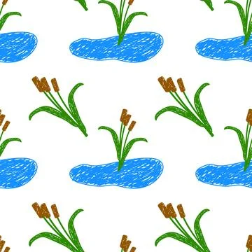 Hand-Drawn Seamless Pattern with Pond and Cattails Stock Illustration