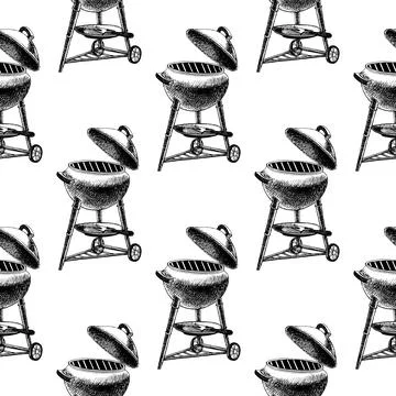 Hand drawn seamless pattern of Portable barbecue charcoal grill. Illustrazione stock