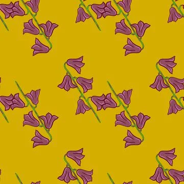 Hand drawn seamless pattern with purple diagonal bell flowers shapes. Yellow  Stock Illustration