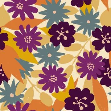 Hand drawn seamless pattern of purple teal autumn fall flowers with yellow Stock Illustration