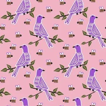 Hand drawn seamless pattern with purple birds on branches and bees. Pink purple Ilustración de archivo