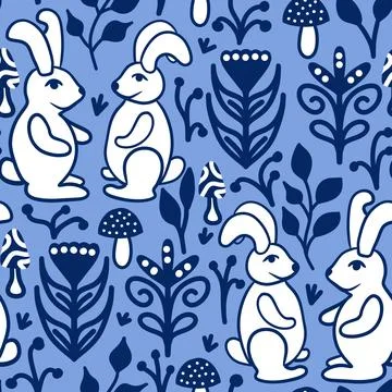 Hand drawn seamless pattern with rabbit bunny on blue background. Scandinavian Illustrazione stock