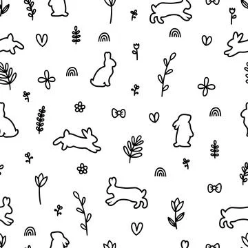 Hand drawn seamless pattern with rabbits silhouettes. Hare, bunny. Backgrou.. Stock Illustration