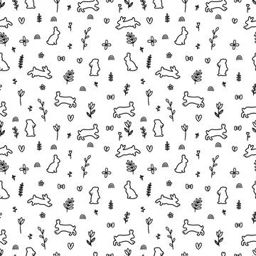 Hand drawn seamless pattern with rabbits silhouettes. Hare, cute bunny. Eas.. Illustrazione stock