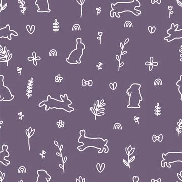 Hand drawn seamless pattern with rabbits silhouettes. Hare, bunny. Easter. .. 스톡 일러스트